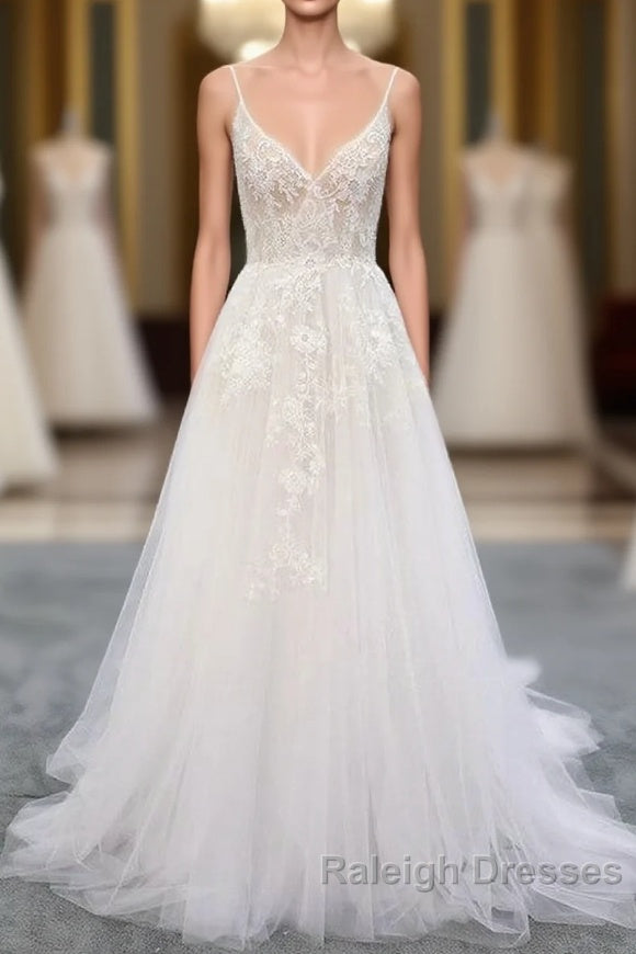 Long A Line V Neck Backless Appliques Lace Tulle Wedding Dresses Main image