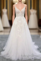 Long A Line V Neck Backless Appliques Lace Tulle Wedding Dresses