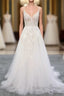 Long A Line V Neck Backless Appliques Lace Tulle Wedding Dresses