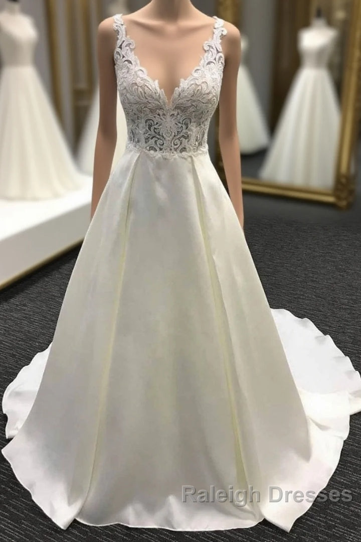 Long A Line V Neck Halter Satin Wedding Dresses Main image