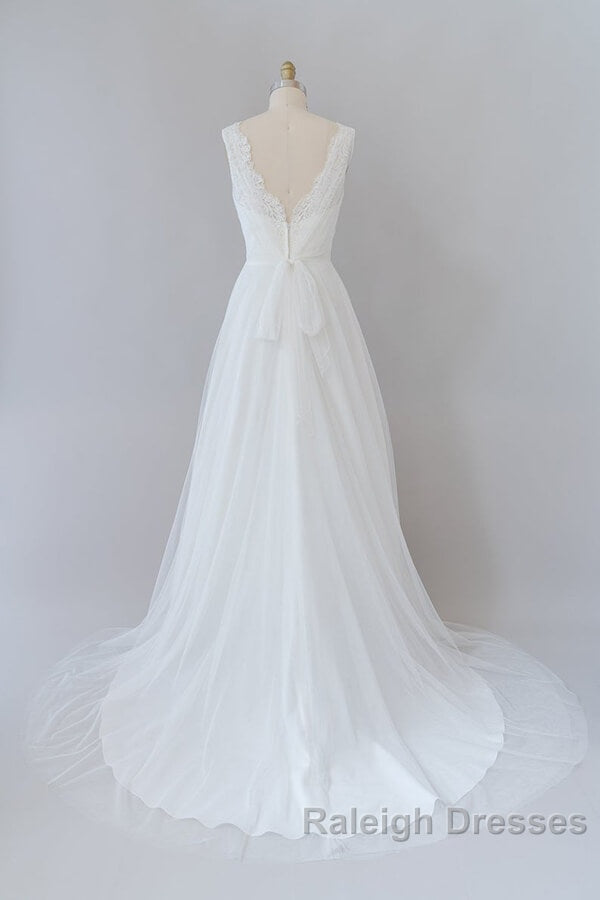 Long A Line V Neck Lace Tulle Backless Wedding Dresses Secondary image