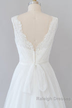 Long A-line V-neck Lace Tulle Backless Wedding Dress