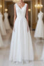 Long A-line V-neck Lace Tulle Backless Wedding Dress