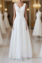 Long A Line V Neck Lace Tulle Backless Wedding Dresses