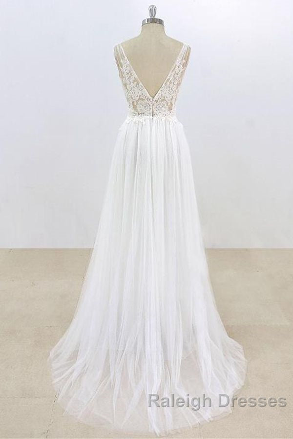 Long A Line V Neck Lace Tulle Open Back Wedding Dresses Secondary image