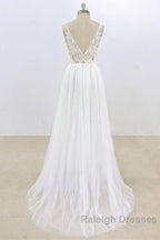 Long A Line V Neck Lace Tulle Open Back Wedding Dresses