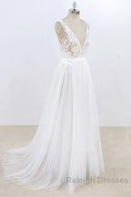 Long A Line V Neck Lace Tulle Open Back Wedding Dresses