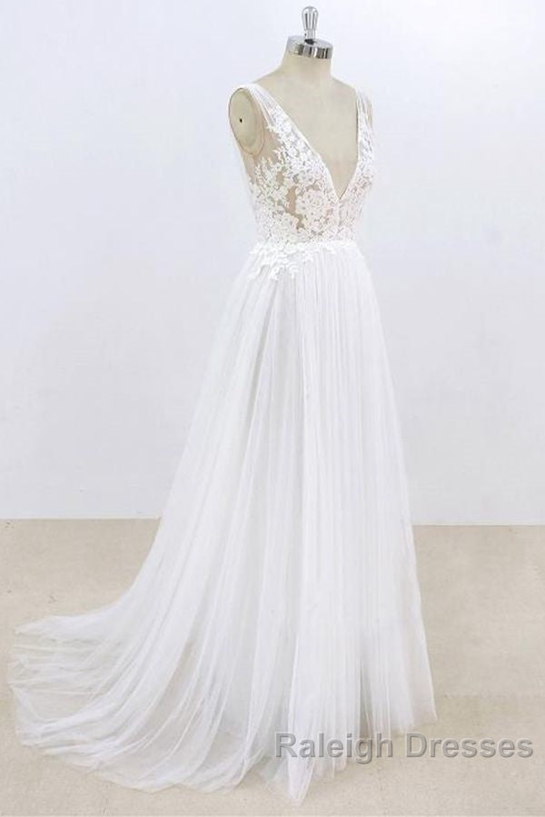 Long A Line V Neck Lace Tulle Open Back Wedding Dresses