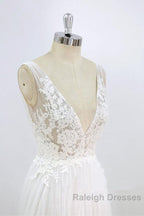Long A Line V Neck Lace Tulle Open Back Wedding Dresses