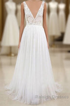 Long A Line V Neck Lace Tulle Open Back Wedding Dresses