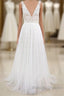 Long A Line V Neck Lace Tulle Open Back Wedding Dresses