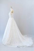 Long A Line V Neck Open Back Appliques Lace Tulle Wedding Dresses
