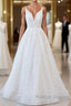 Long A Line V Neck Open Back Appliques Lace Tulle Wedding Dresses