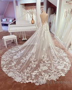 Long A Line V Neck Sleeveless Floral Lace Tulle Boho Wedding Dress