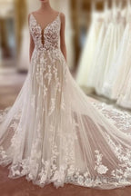 Long A Line V Neck Sleeveless Floral Lace Tulle Boho Wedding Dress