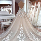 Long A Line V Neck Spaghetti Straps Backless Appliques Lace Tulle Wedding Dresses