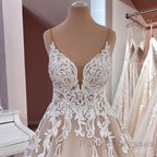 Long A Line V Neck Spaghetti Straps Backless Appliques Lace Tulle Wedding Dresses
