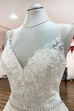 Long A Line V Neck Spaghetti Straps Backless Wedding Dresses with Lace