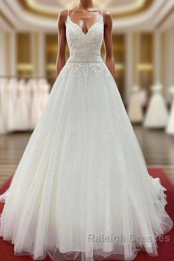Long A Line V Neck Spaghetti Straps Backless Wedding Dresses with Lace Main image