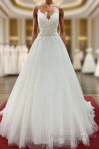 Long A Line V Neck Spaghetti Straps Backless Wedding Dresses with Lace