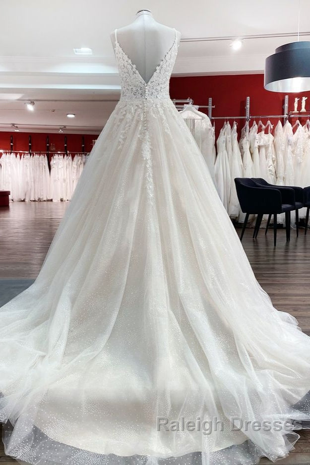 Long A Line V Neck Spaghetti Straps Tulle Lace Backless Wedding Dresses Secondary image