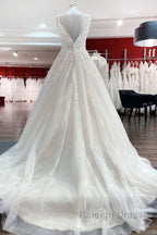 Long A Line V Neck Spaghetti Straps Tulle Lace Backless Wedding Dresses