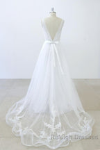 Long A-line V-neck Sweetheart Ruffle Applqiues Tulle Backless Wedding Dress