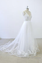 Long A Line V Neck Sweetheart Ruffle Applqiues Tulle Backless Wedding Dresses