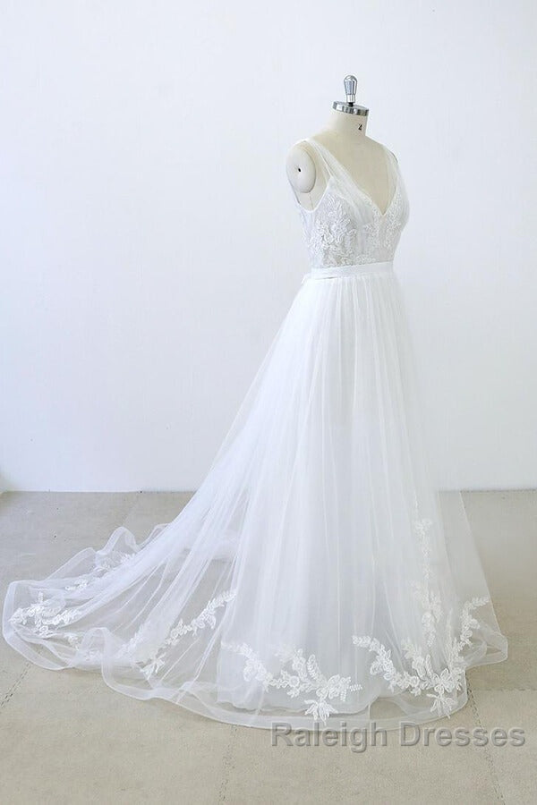 Long A Line V Neck Sweetheart Ruffle Applqiues Tulle Backless Wedding Dresses