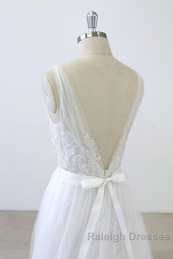 Long A Line V Neck Sweetheart Ruffle Applqiues Tulle Backless Wedding Dresses