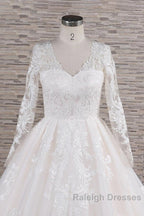 Long A-line V-neck Tulle Appliques Lace Wedding Dress with Sleeves