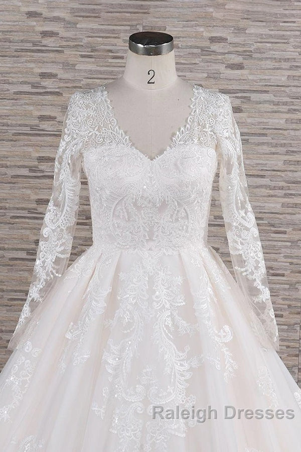 Long A-line V-neck Tulle Appliques Lace Wedding Dress with Sleeves