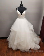 Long A Line V Neck Tulle Backless Wedding Dresses