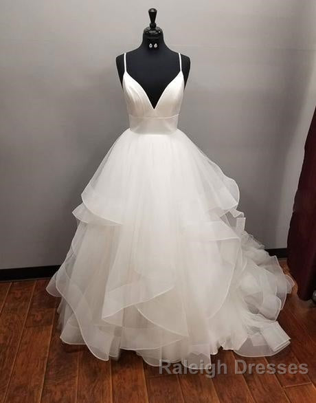 Long A Line V Neck Tulle Backless Wedding Dresses