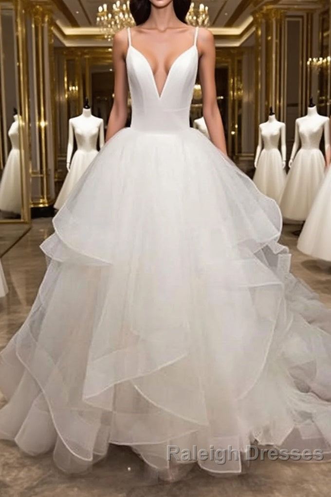 Long A Line V Neck Tulle Backless Wedding Dresses Main image