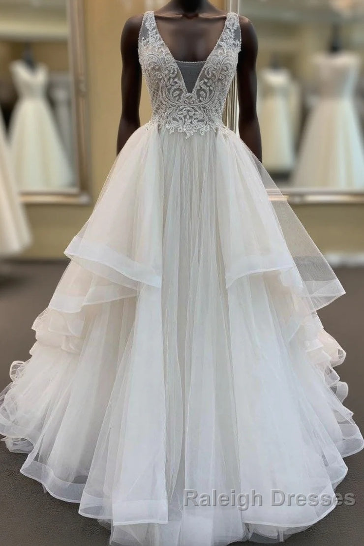 Long A Line V Neck Tulle Lace Wedding Dresses Main image