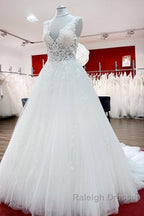 Long A Line V Neck Tulle Lace White Ruffles Wedding Dress
