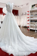 Long A Line V Neck Tulle Lace White Ruffles Wedding Dress