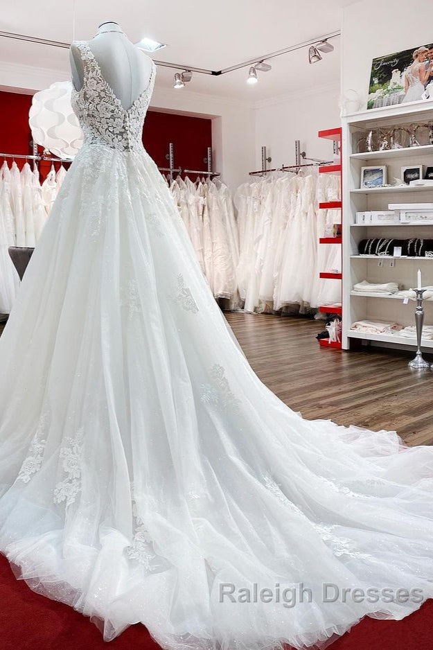 Long A Line V Neck Tulle Lace White Ruffles Wedding Dress