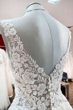 Long A Line V Neck Tulle Lace White Ruffles Wedding Dress
