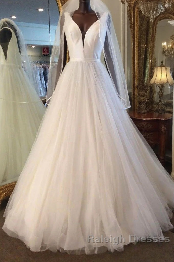 Long A Line V Neck Tulle Satin Wedding Dresses