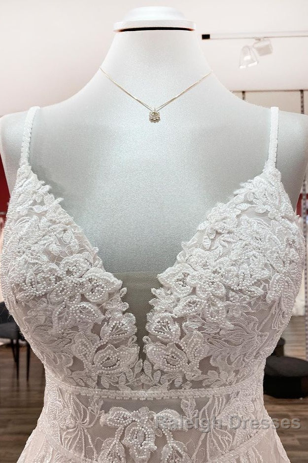 Long A Line V Neck Tulle Sleeveless Appliques Lace Backless Wedding Dresses