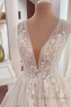 Long A Line V Neck Wide Straps Appliques Lace Tulle Wedding Dresses