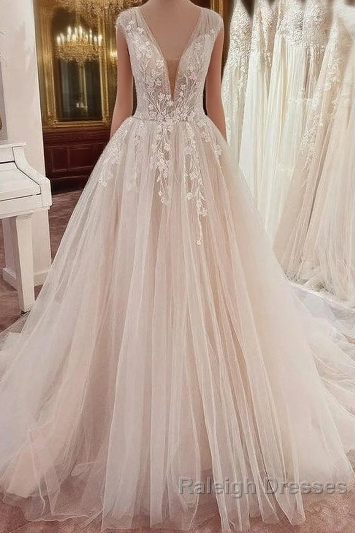 Long A Line V Neck Wide Straps Appliques Lace Tulle Wedding Dresses Main image