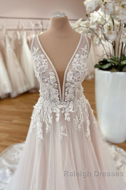 Long A-Line Wide Straps Tulle  Floral Lace Wedding Dress Secondary image