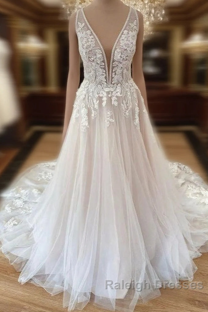 Long A-Line Wide Straps Tulle  Floral Lace Wedding Dress Main image