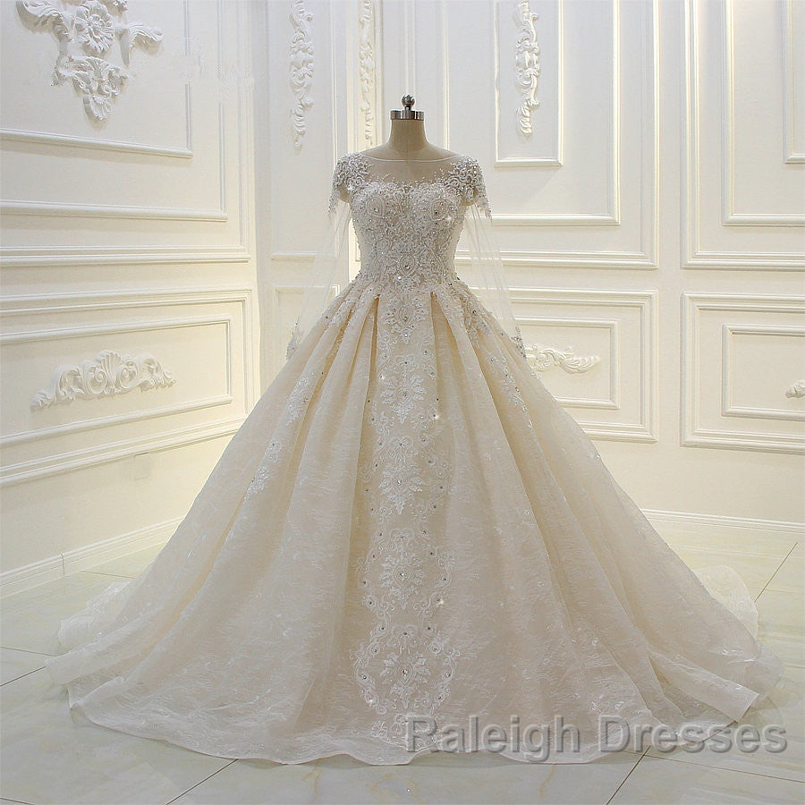 Long Ball Gown Beading Bateau Appliques Lace Wedding Dresses with Sleeves Secondary image