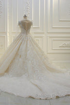 Long Ball Gown Beading Bateau Appliques Lace Wedding Dresses with Sleeves