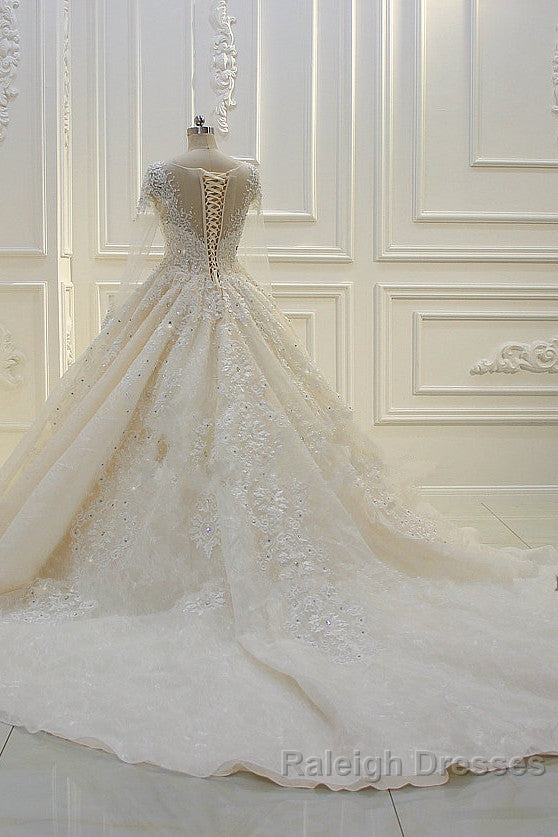 Long Ball Gown Beading Bateau Appliques Lace Wedding Dresses with Sleeves