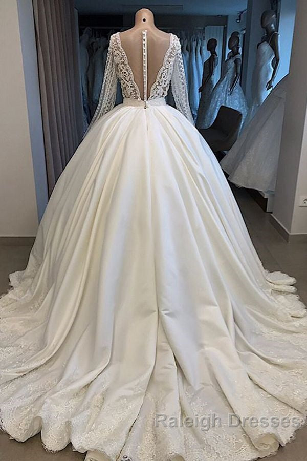 Long Ball Gown Satin V Neck Wedding Dresses with Sleeves Secondary image